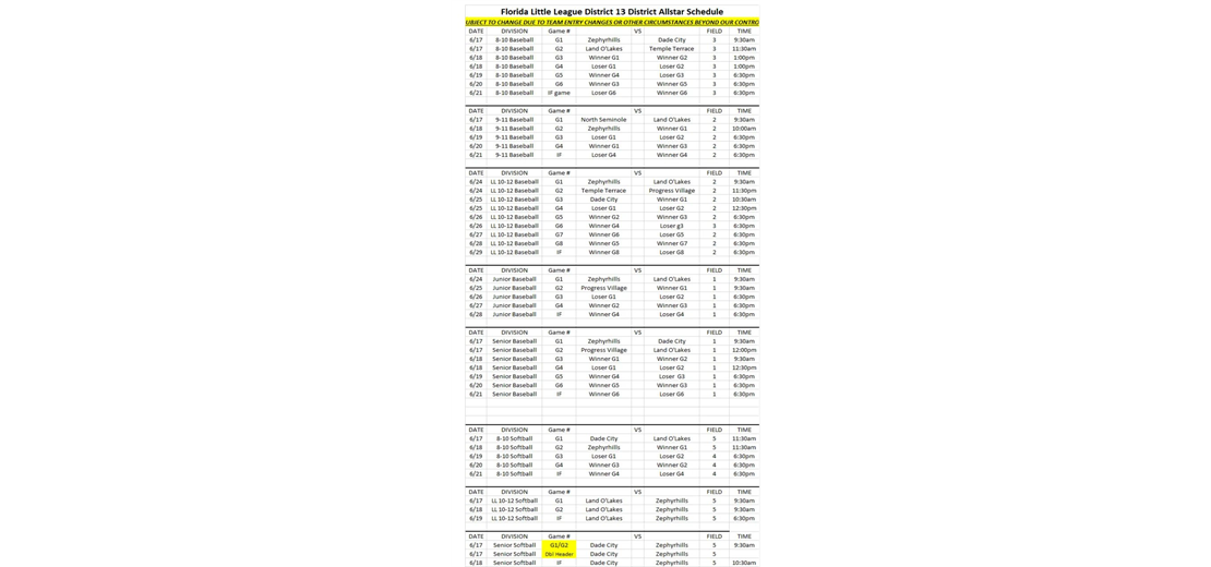 All Star District 13 Schedule